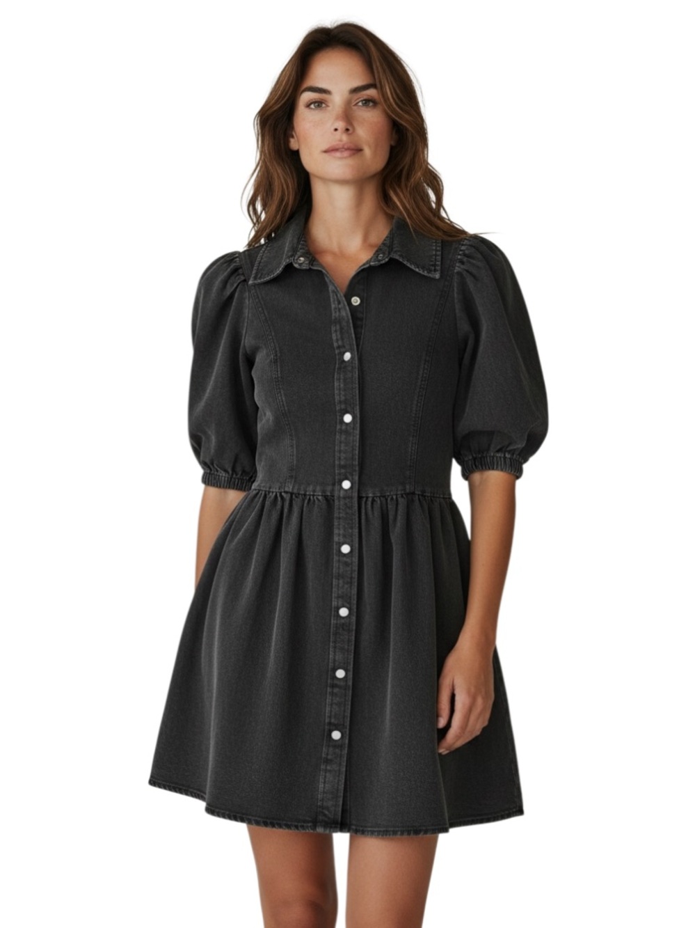Puff Sleeve Button-Front Mini Dress in Washed Black